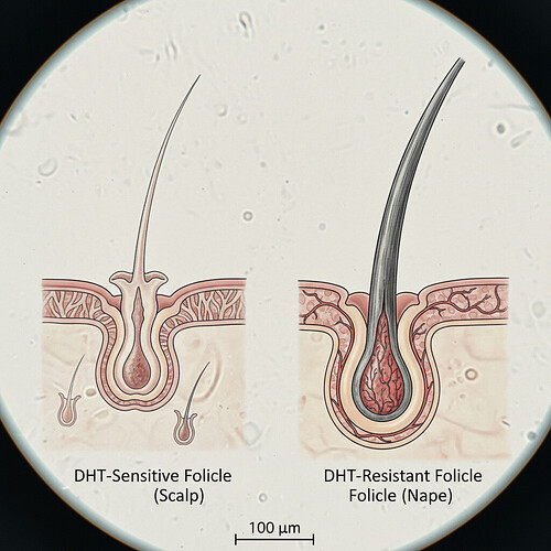 Microscopic comparison of DHT-sensitive and DHT-resistant hair follicles.