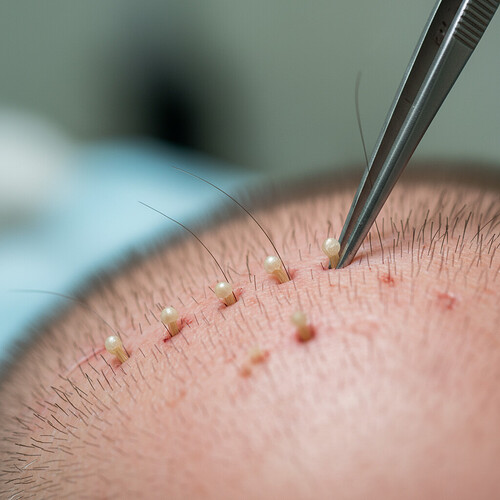 Close-up of hair grafts being transplanted at natural angles