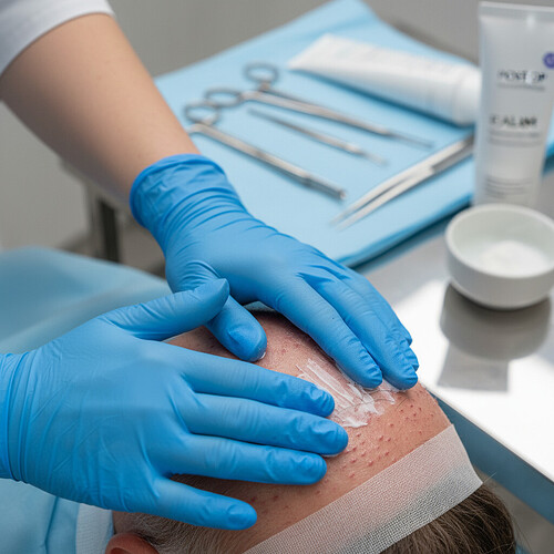 Post-hair transplant scalp care with gentle application of lotion.