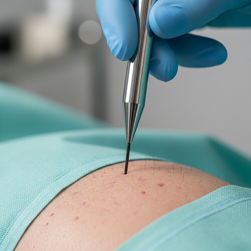 Close-up of a Choi Implanter Pen being used in a hair transplant surgery