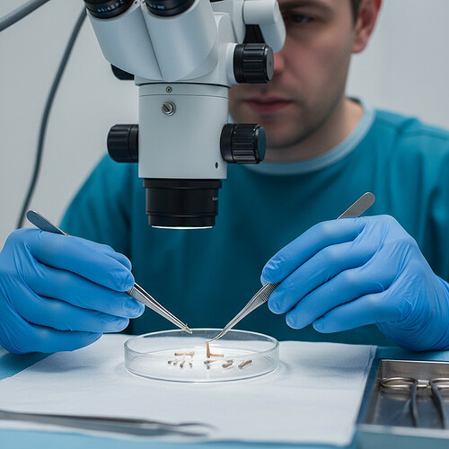 Close-up of hair follicles being prepared for transplantation