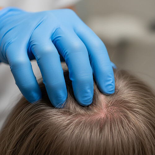 Close-up of scalp during pre-hair transplant consultation