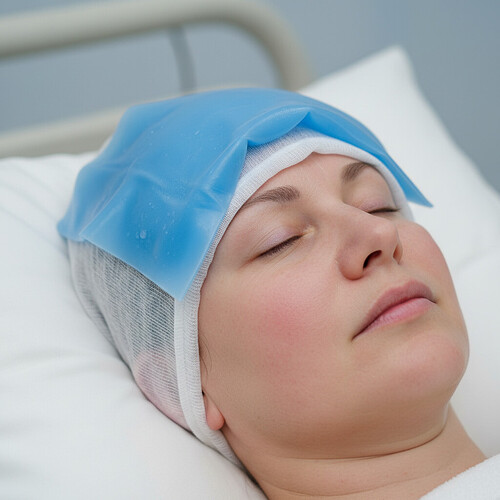 Cool compress applied to forehead for swelling relief after hair transplant.