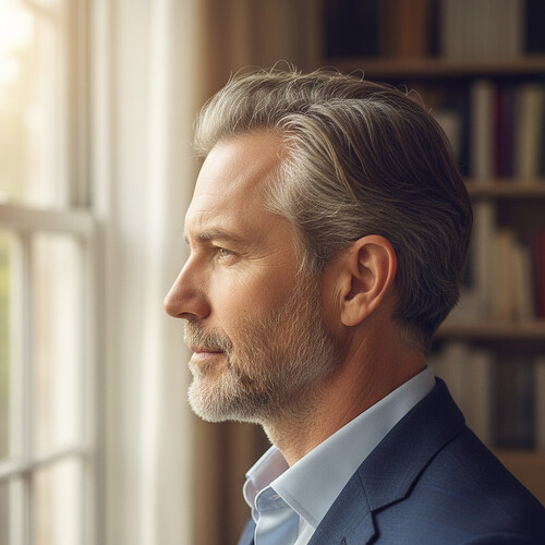 Tasteful representation of natural hairline restoration.