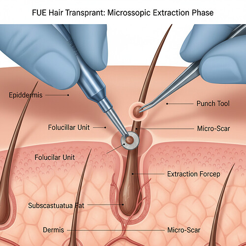 Illustration of FUE hair transplant technique