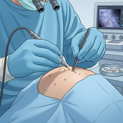 Close-up of a hair transplant procedure using FUE technology.