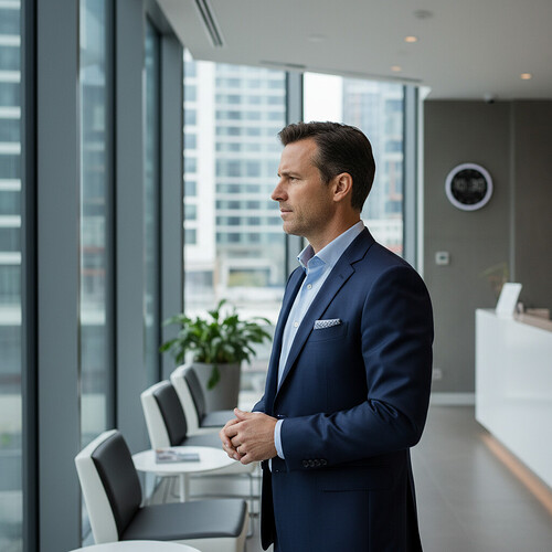 A man contemplating his next steps in a sophisticated clinic waiting area.